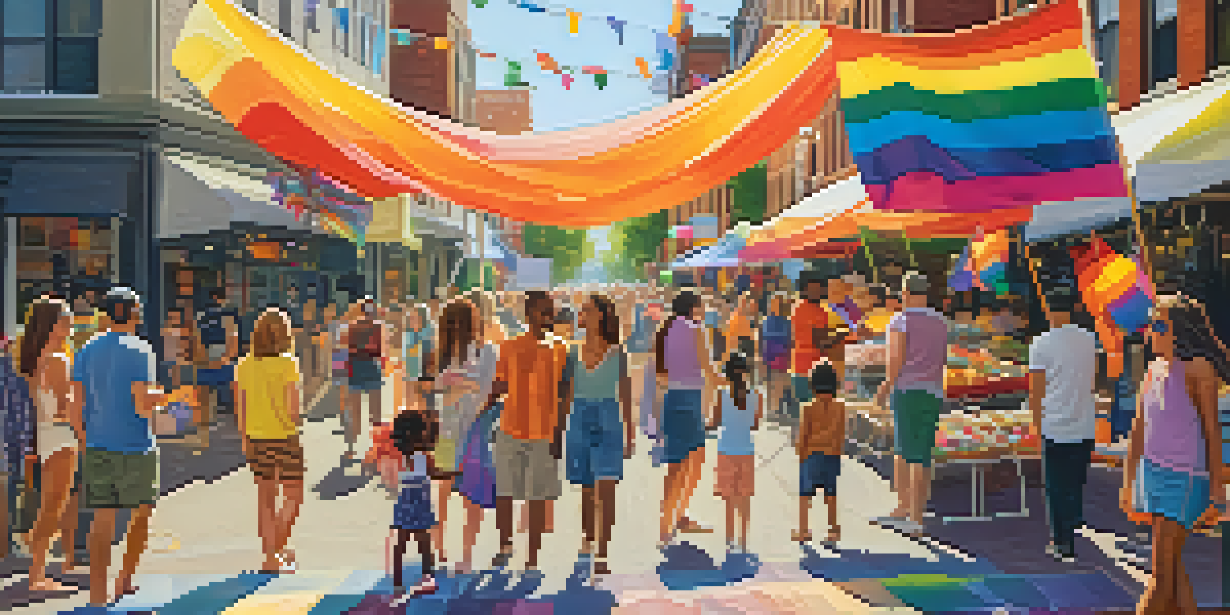 A lively street scene in Portland during the Pride Festival, with families celebrating, rainbow flags, and various vendors.