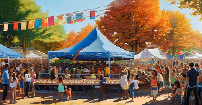 A lively outdoor festival with musicians on stage and a cheering crowd, decorated with colorful banners and food stalls.