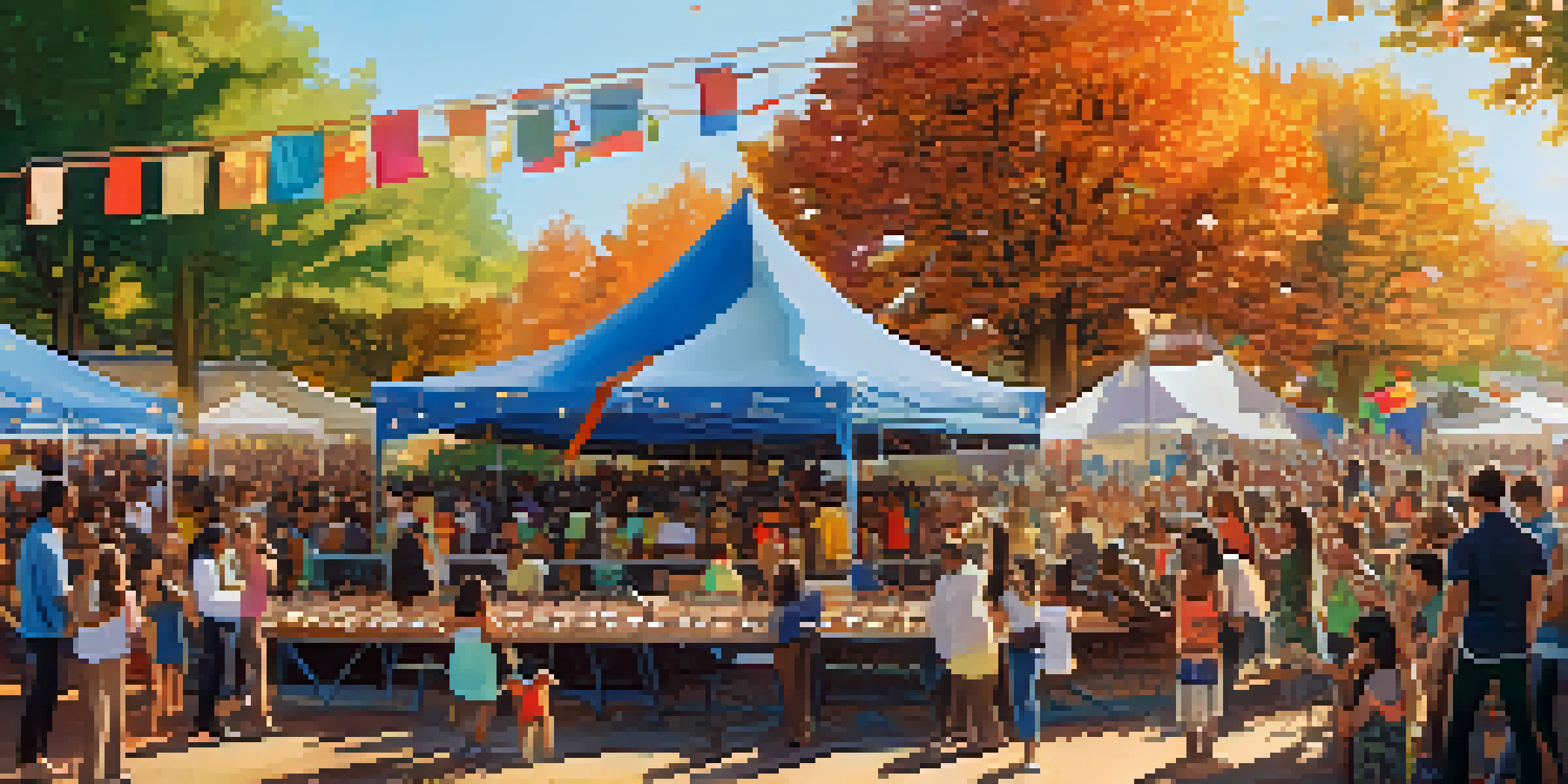 A lively outdoor festival with musicians on stage and a cheering crowd, decorated with colorful banners and food stalls.