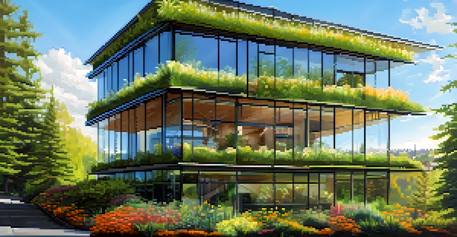 A modern green building in Portland with a living roof and surrounded by lush trees under a clear blue sky.