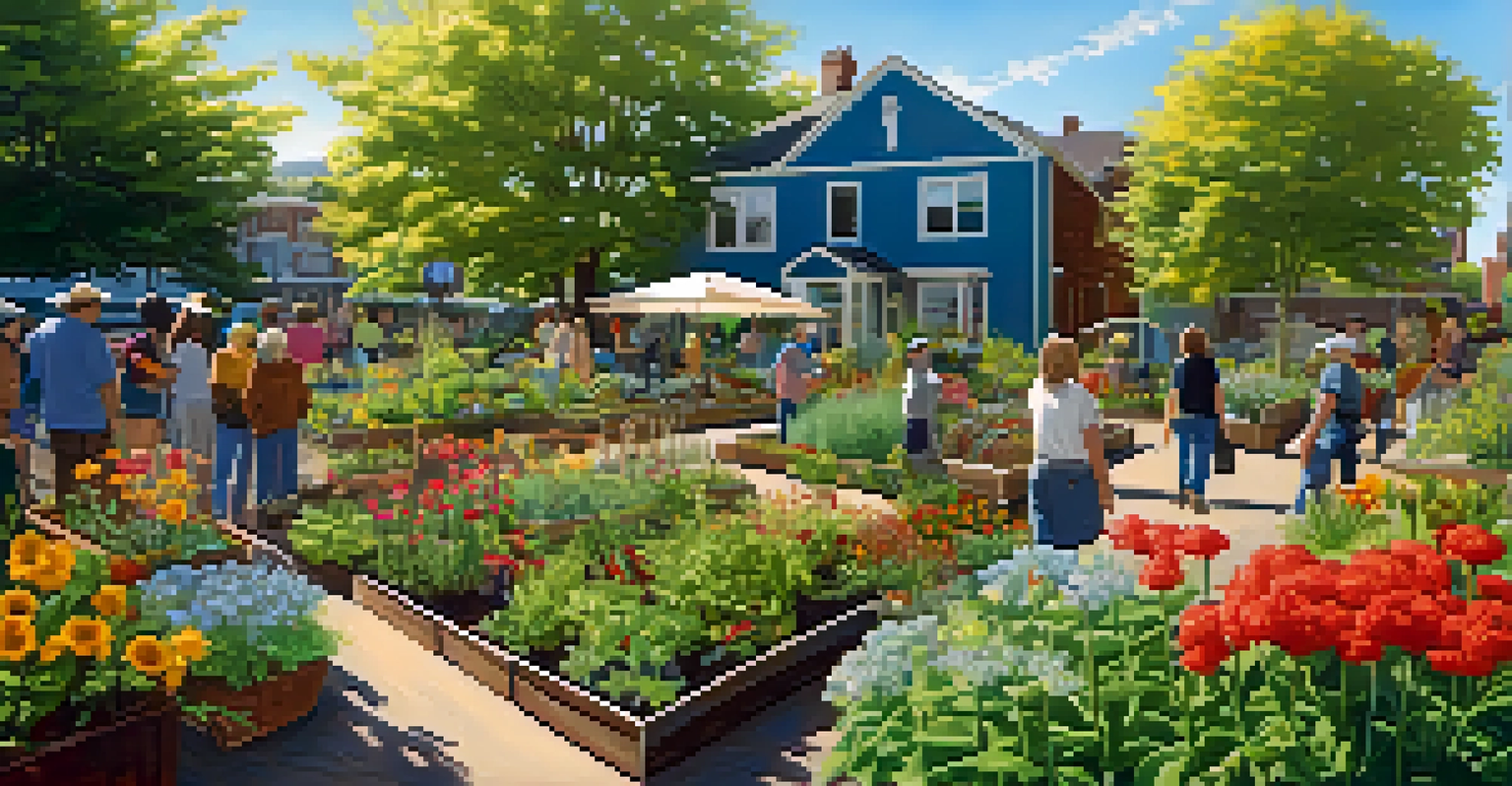 A community garden in Portland with people of diverse backgrounds tending to plants under a sunny sky.
