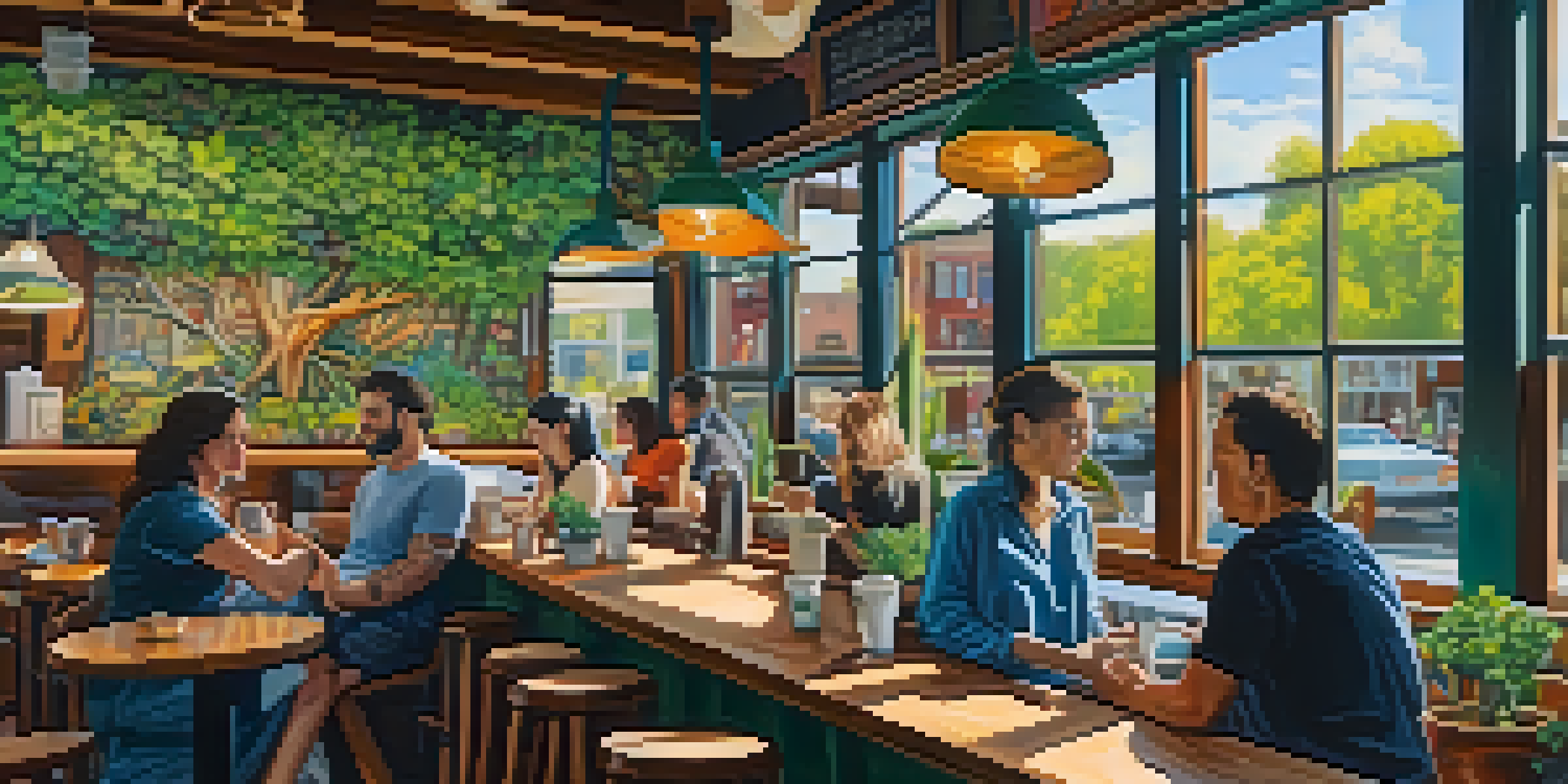 A lively coffee shop in Portland with plants, art on the walls, and a barista making latte art while patrons chat at wooden tables.