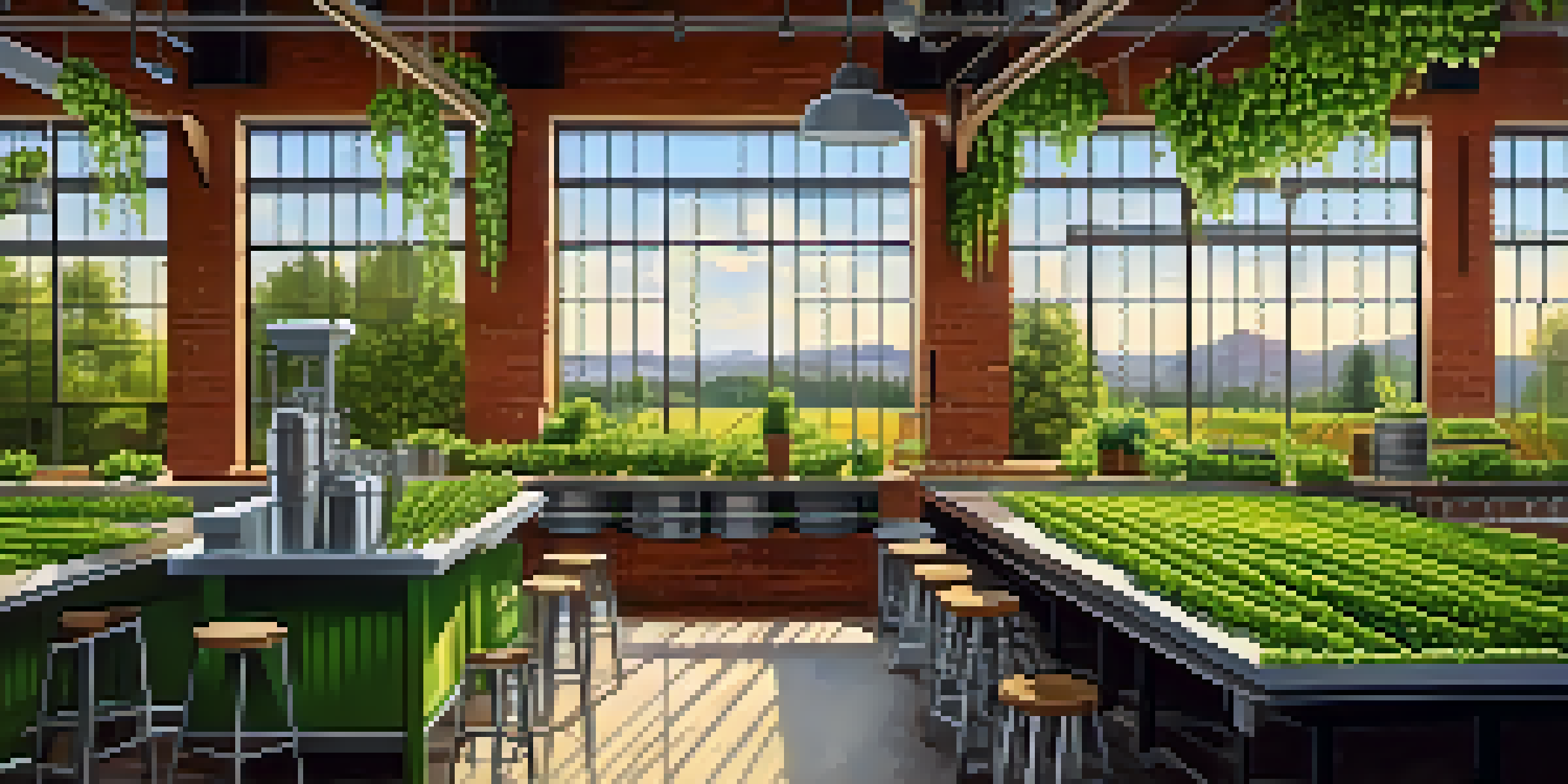 A Portland brewery with large windows, showcasing brewing equipment and vibrant green hops in the foreground, illuminated by warm afternoon light.