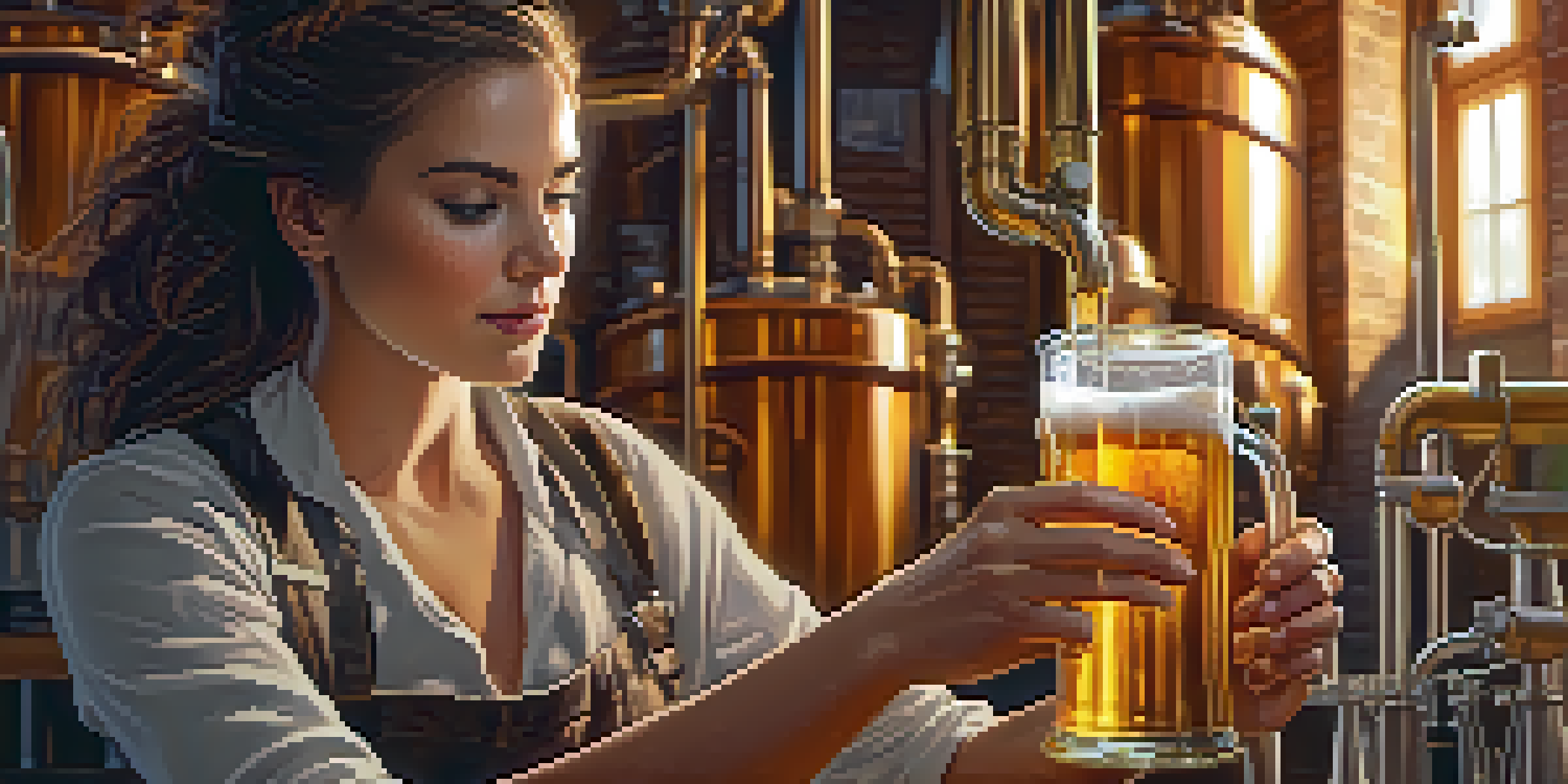 A female brewer pouring golden craft beer into a glass, with brewing equipment and hops in the background.
