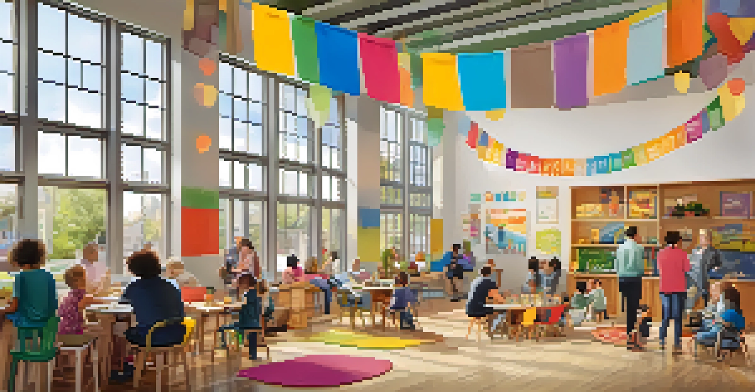 A community center in Portland with families participating in activities, decorated with colorful banners promoting inclusivity.