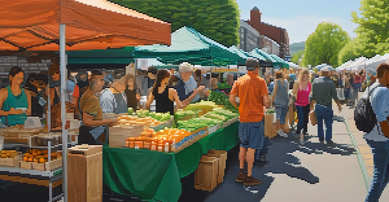 A busy farmers market in Portland with coffee vendors and colorful stalls showcasing local produce and eco-friendly products.