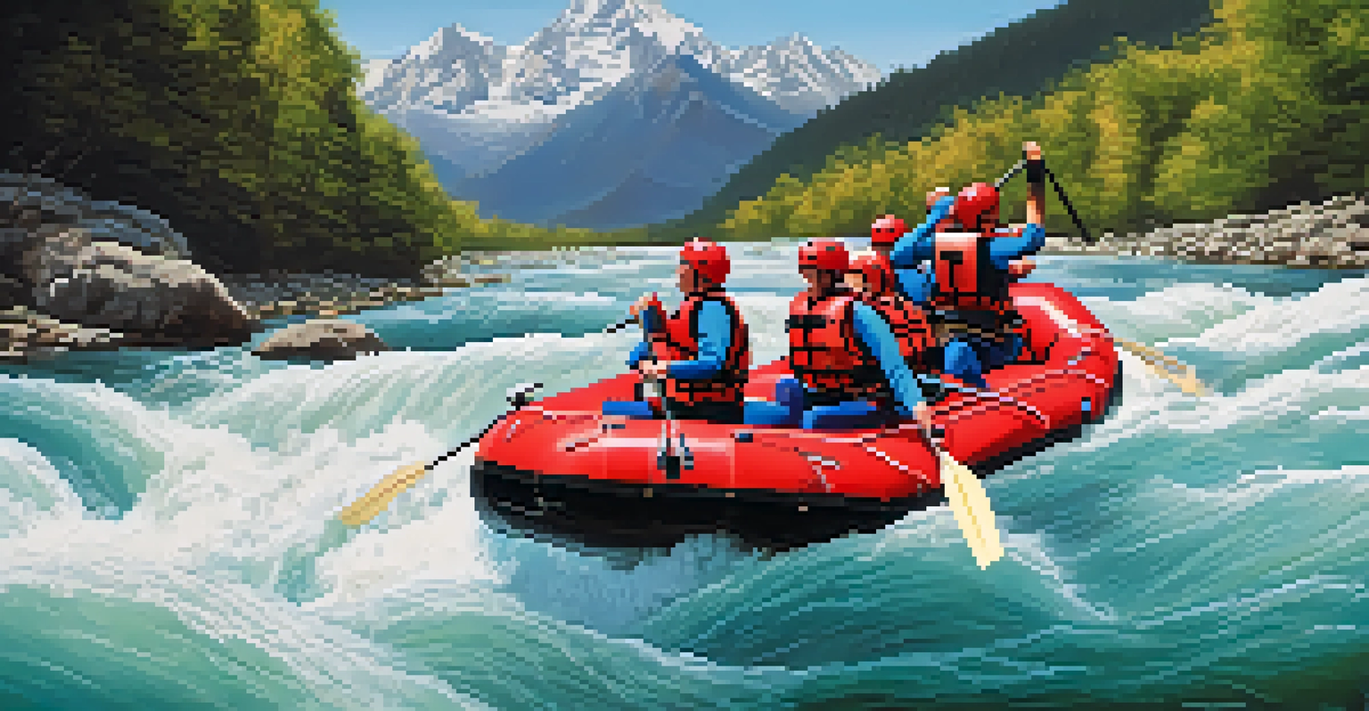 A group of adventurers in a red raft navigating white-water rapids, with mountains and a blue sky in the background.