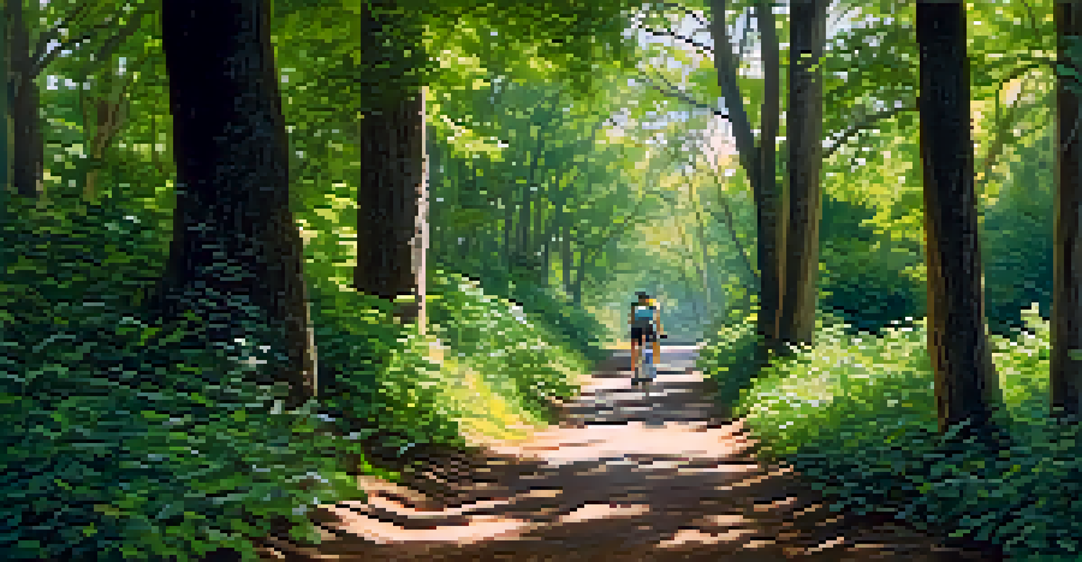 A cyclist riding on a shady forest trail in summer, with dense trees and wildlife nearby.