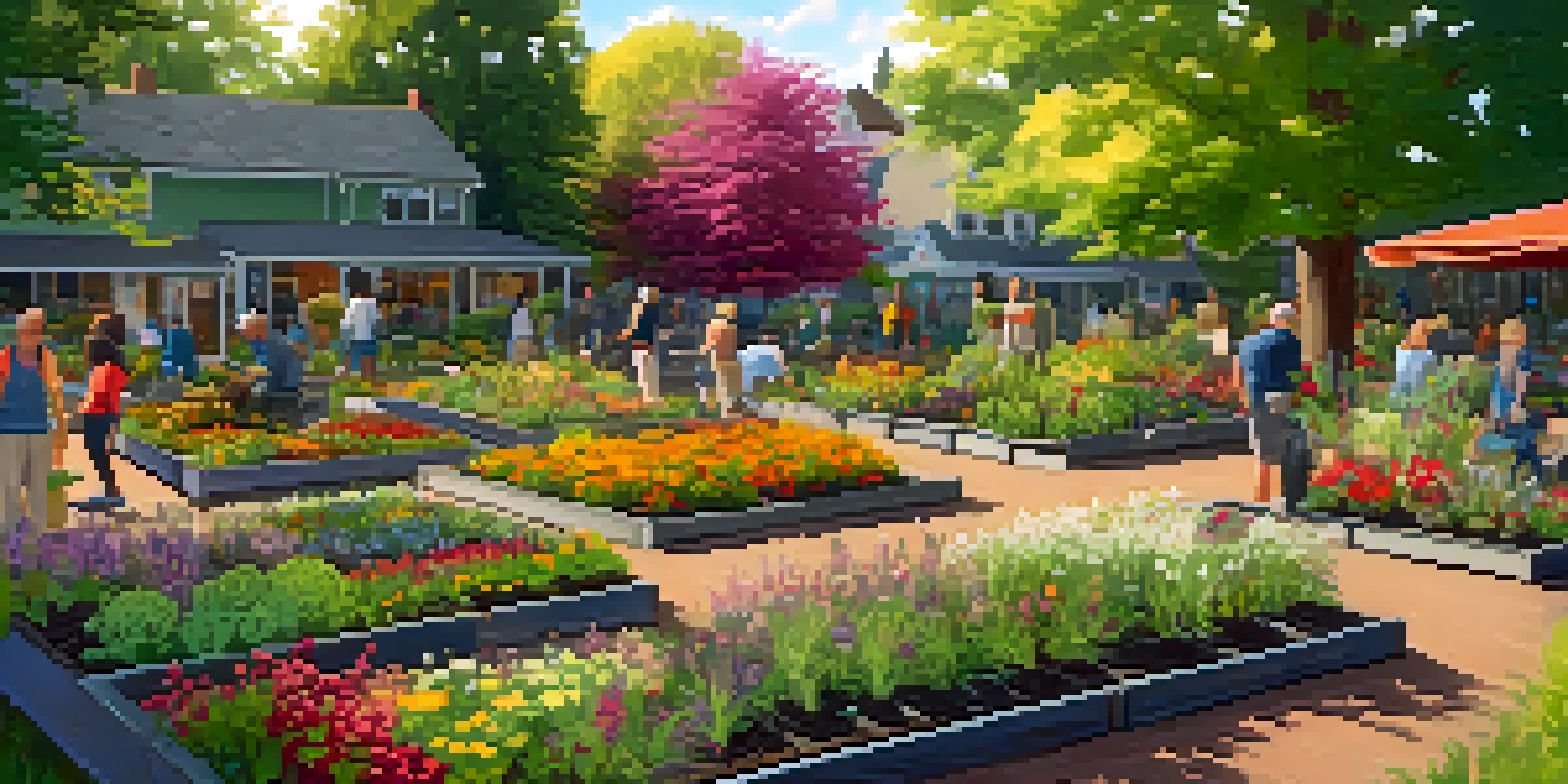 A colorful community garden in Portland with people gardening and using compost bins, under soft sunlight.