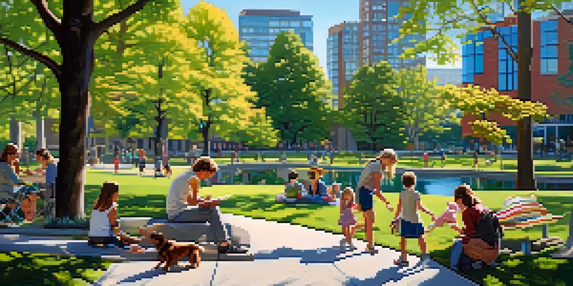 A lively urban park in Portland filled with families, children playing, and vibrant flowers, surrounded by modern buildings.