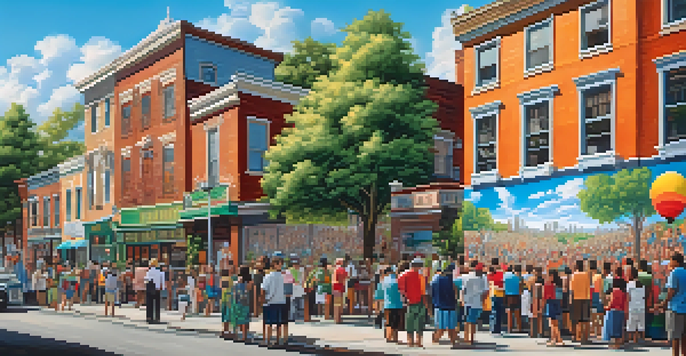 A colorful mural illustrating a historical event, with people admiring it in a lively urban setting.