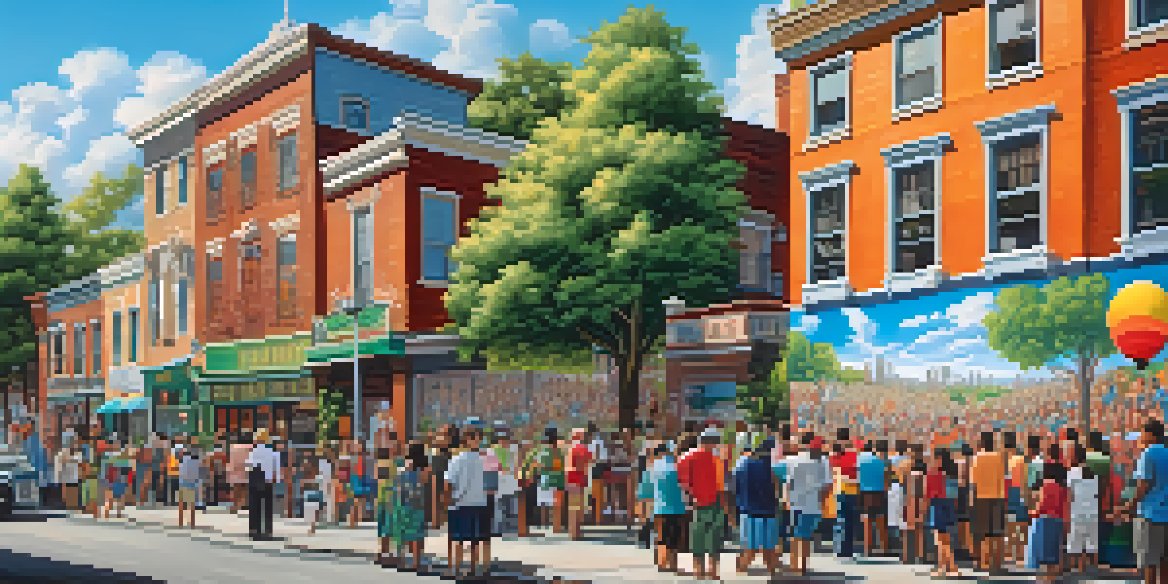 A colorful mural illustrating a historical event, with people admiring it in a lively urban setting.