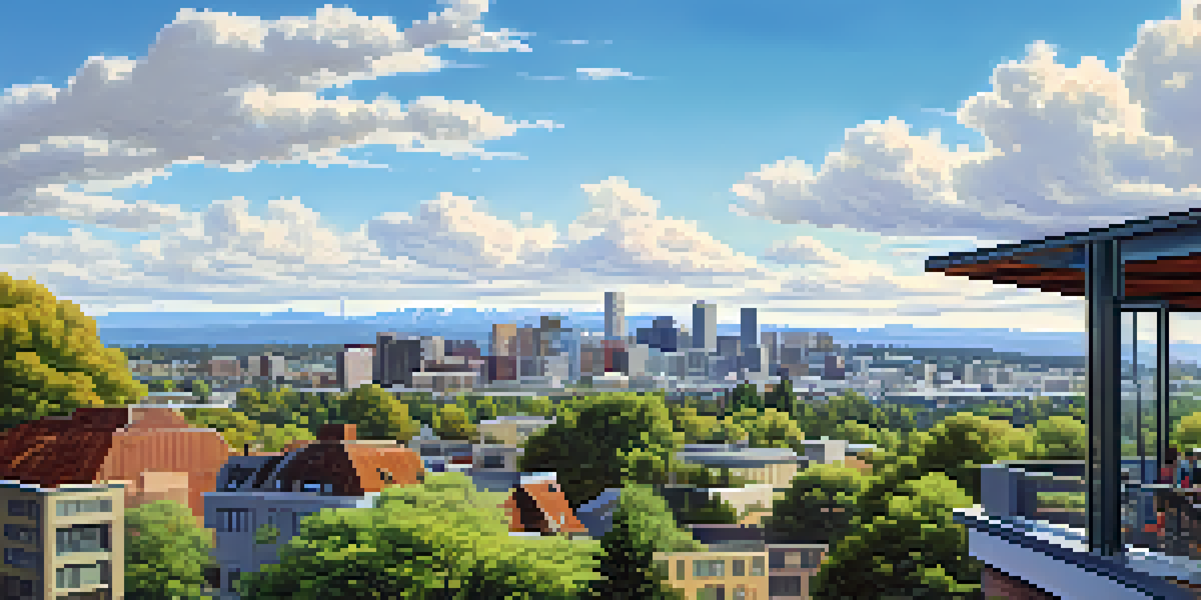A panoramic view of Portland, Oregon, highlighting the city skyline, greenery, solar panels, and wind turbines under a blue sky.