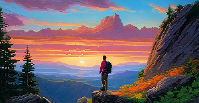 A hiker silhouetted at a mountain summit during sunset, with vibrant colors in the sky and lush valleys below.