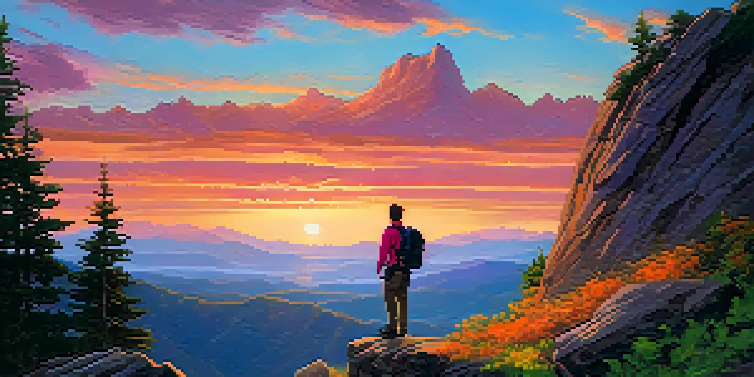 A hiker silhouetted at a mountain summit during sunset, with vibrant colors in the sky and lush valleys below.