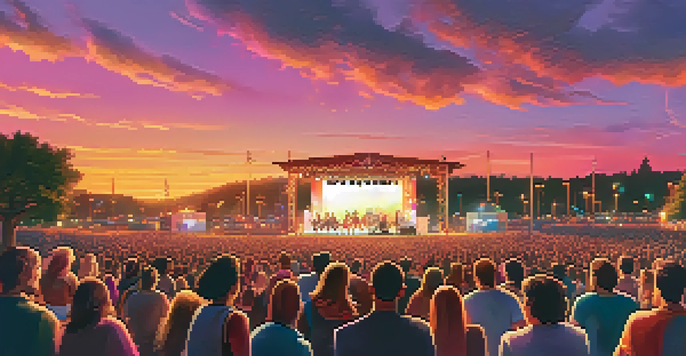 A diverse crowd at a sunset concert, with musicians performing on stage and colorful lights illuminating the scene.