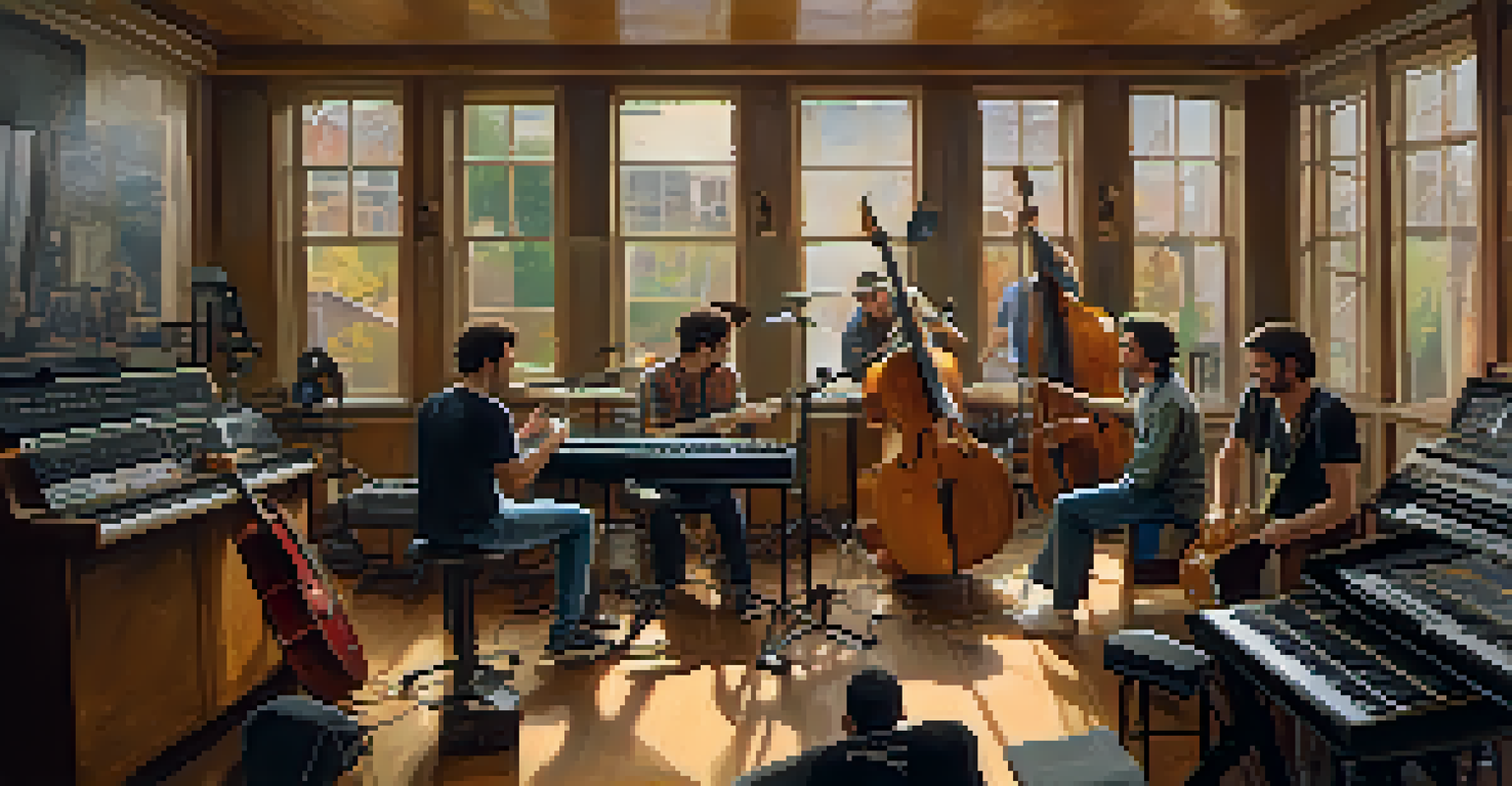 Local musicians collaborating in a studio, creating music together with various instruments.
