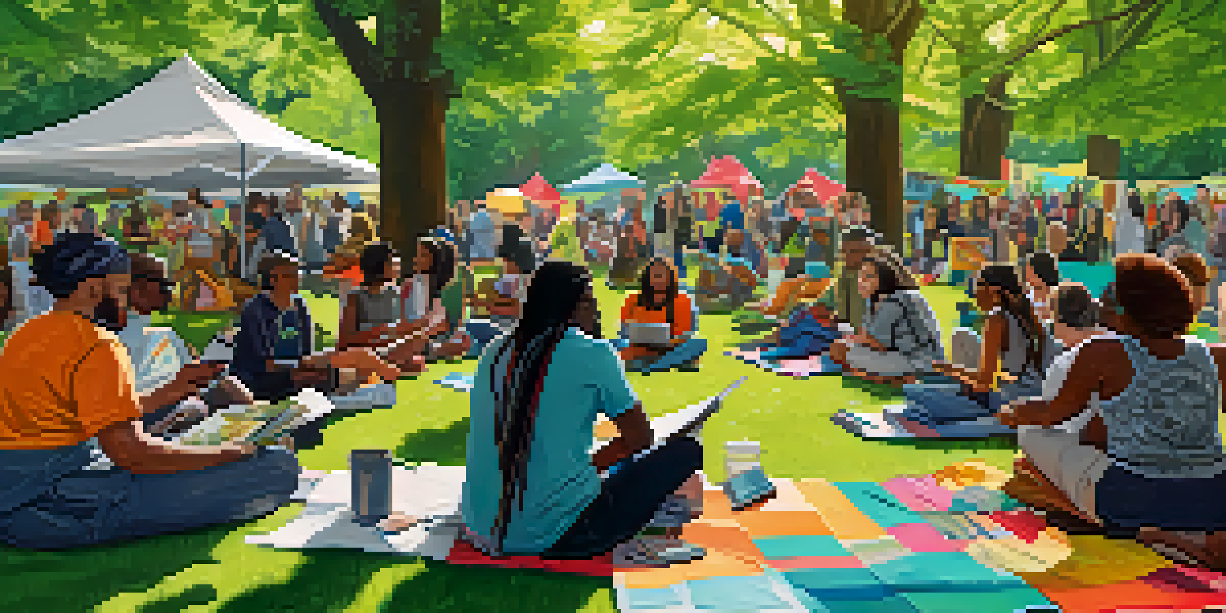 A diverse group of people in a park discussing climate justice, with colorful banners and green trees around them.