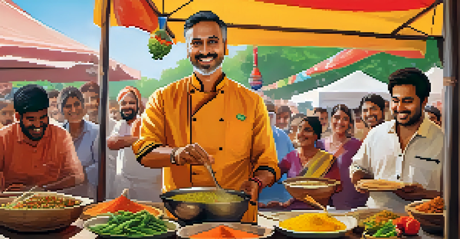 A local chef demonstrating the preparation of Indian curry at a food festival, surrounded by an enthusiastic audience and colorful decorations.
