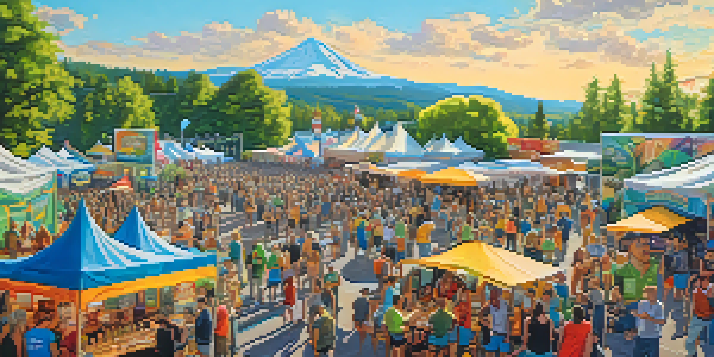A lively outdoor craft beer festival with colorful tents and people enjoying beer samples in a vibrant atmosphere.