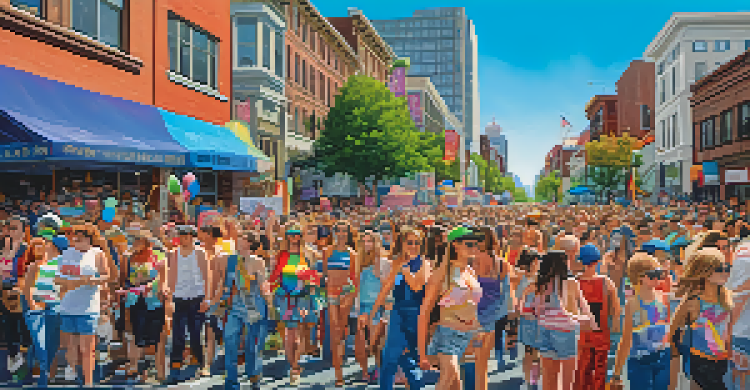 Participants of a colorful LGBTQ+ pride parade marching down a city street in Portland with floats and enthusiastic crowds.