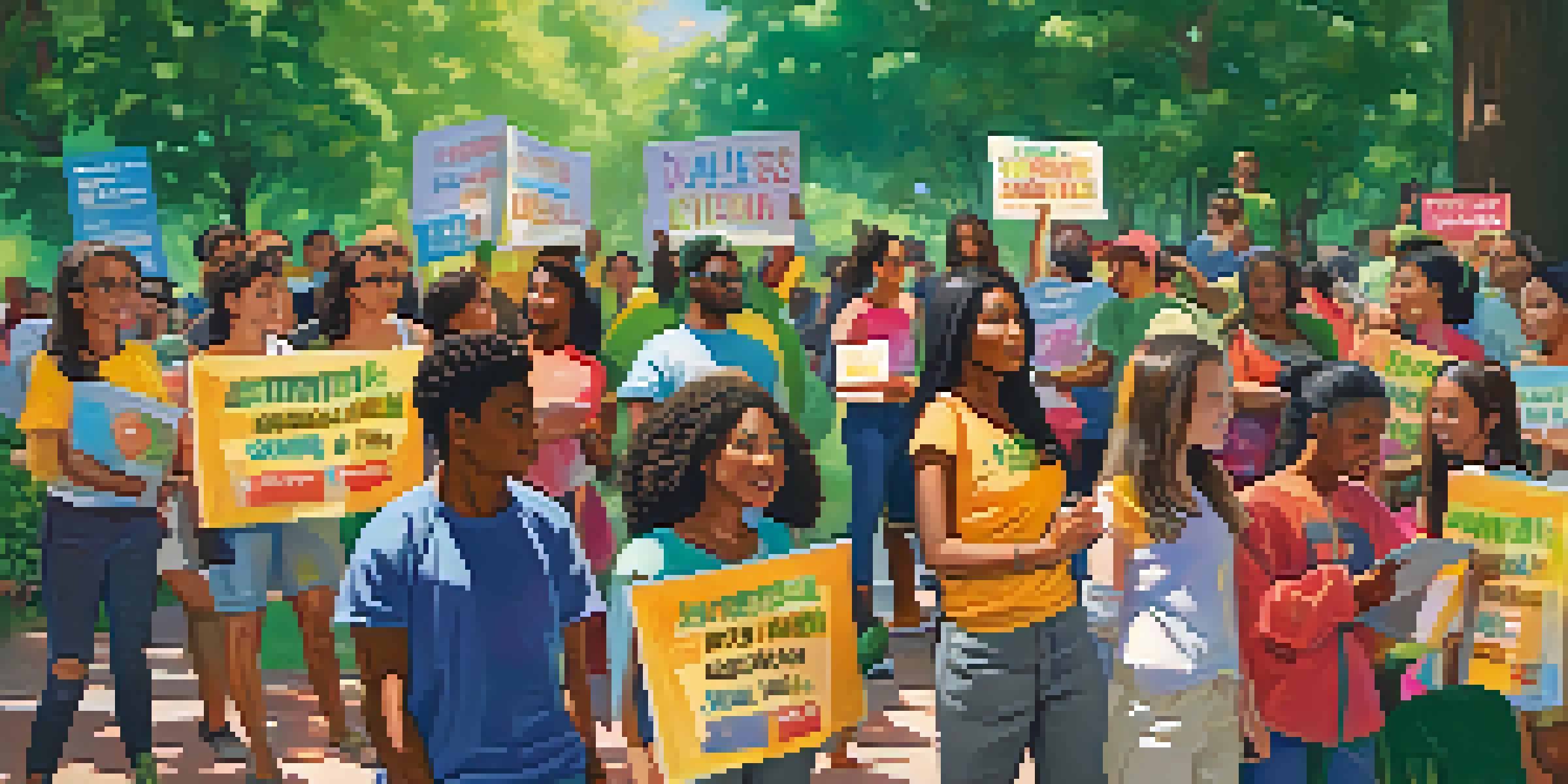 A diverse group of young activists in a park holding colorful signs for environmental justice, surrounded by greenery and sunlight.