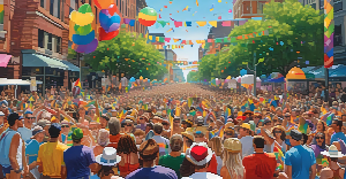 A lively crowd celebrating at Portland's Pride Parade, with colorful floats and participants in bright costumes.