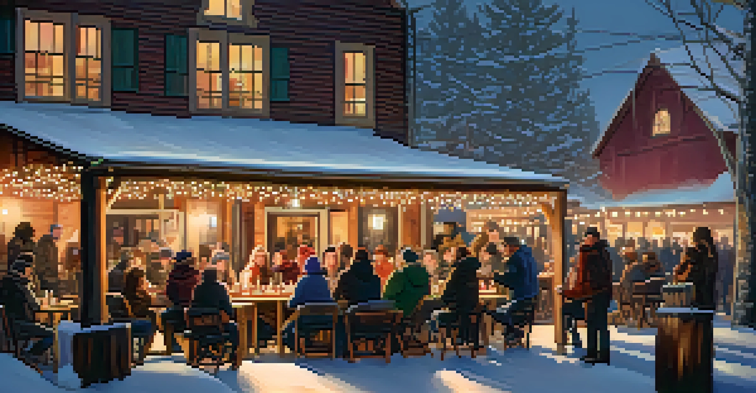 A cozy winter music festival with local artists performing in a warm venue illuminated by string lights.