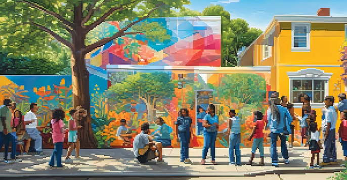 A community mural showing diverse individuals involved in artistic activities, surrounded by nature and sunlight.