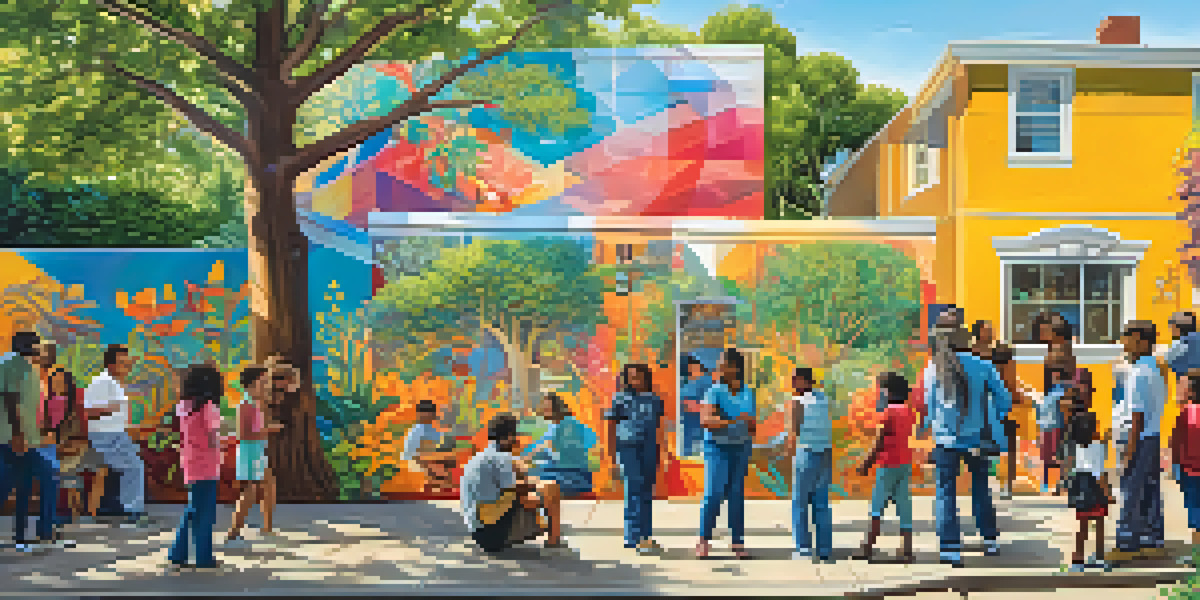 A community mural showing diverse individuals involved in artistic activities, surrounded by nature and sunlight.