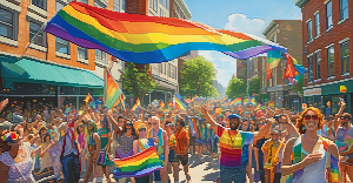 A lively Pride celebration in Portland with diverse individuals in colorful outfits waving rainbow flags against a vibrant city backdrop.
