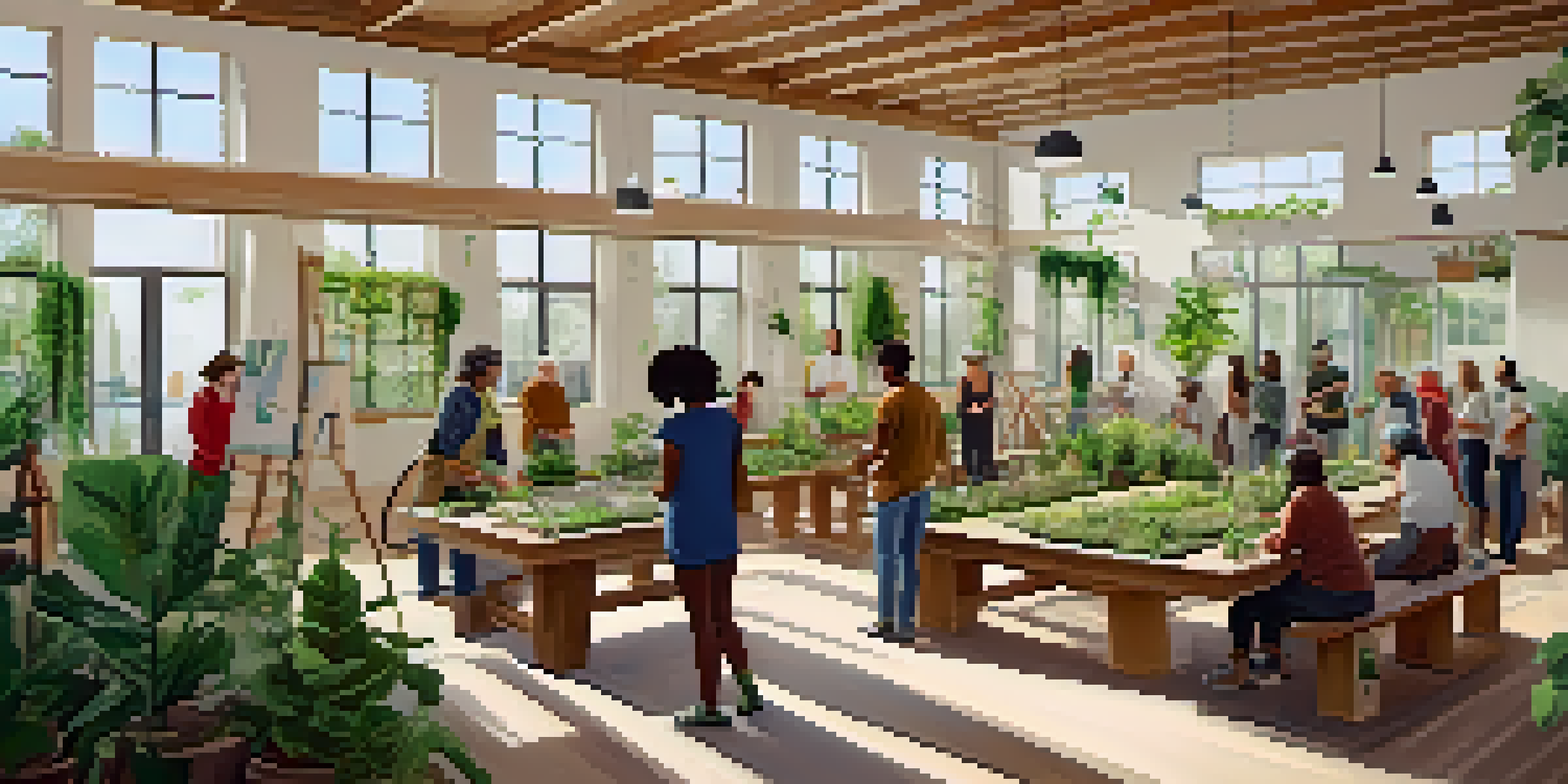 A community workshop on sustainable living with residents participating in discussions and activities.