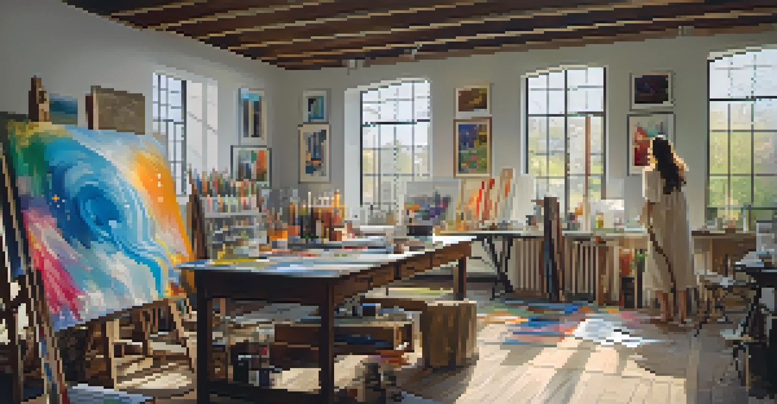 An artist's studio filled with art supplies, canvases, and the artist working on a painting.