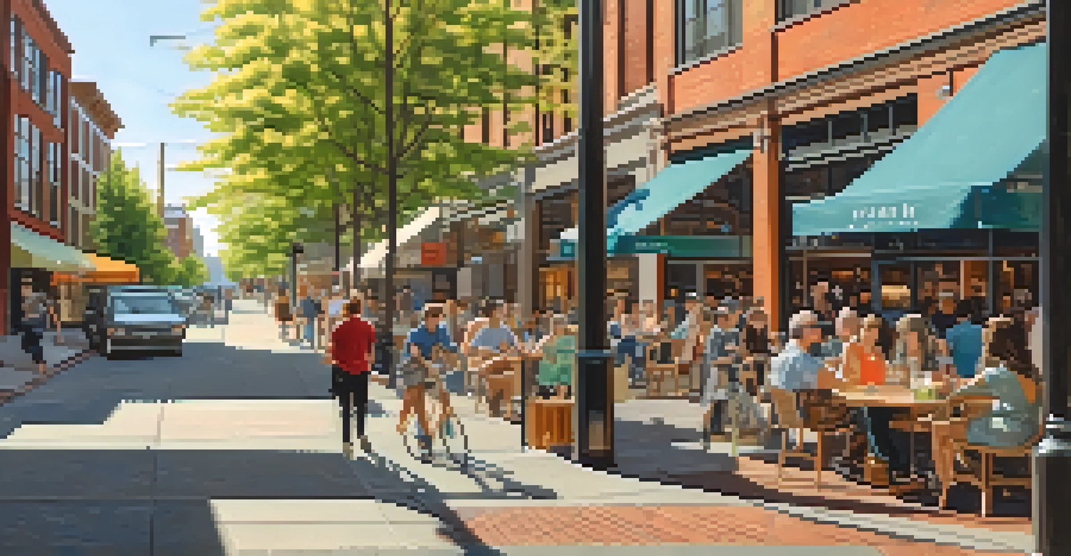 A lively street in Portland's Pearl District featuring cafes, art galleries, and shops with people enjoying the vibrant atmosphere.