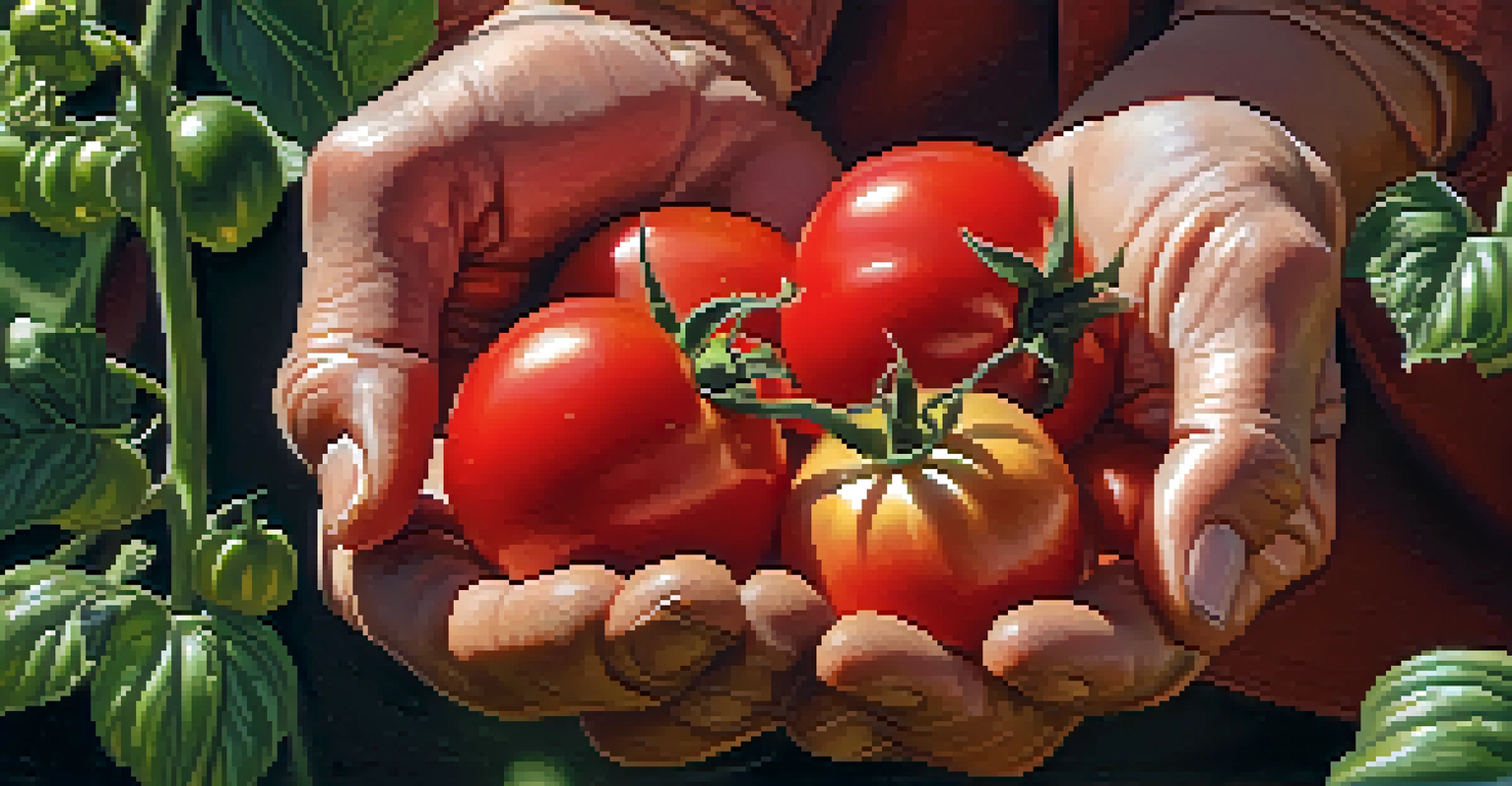 Close-up of a farmer's hands holding bright red organic tomatoes in a garden, with green leaves and brown soil in the background.