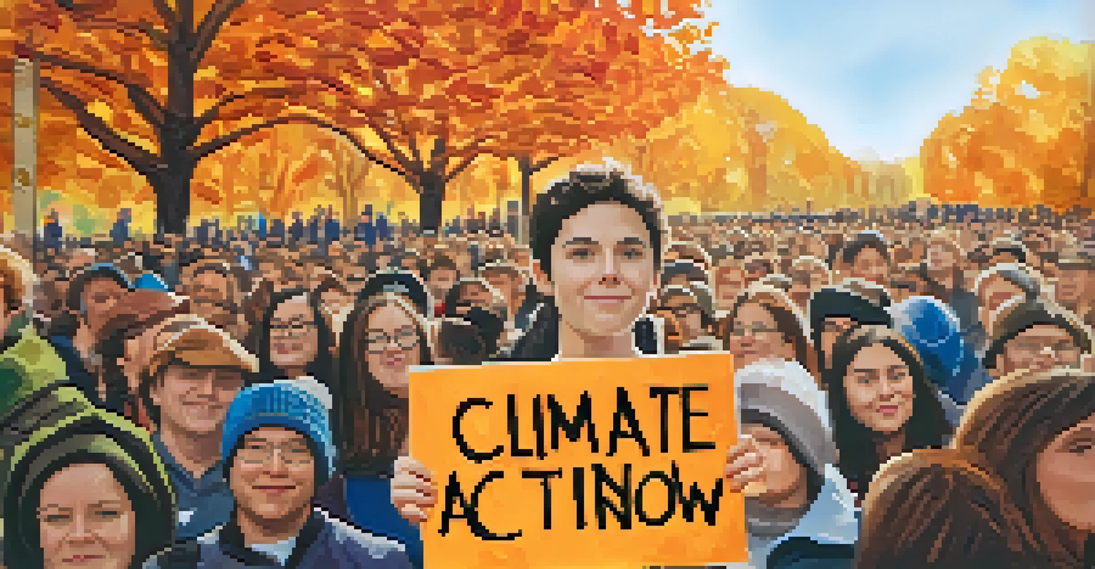 A young activist at a rally holding a sign for climate action, surrounded by a crowd and colorful banners under warm sunlight.