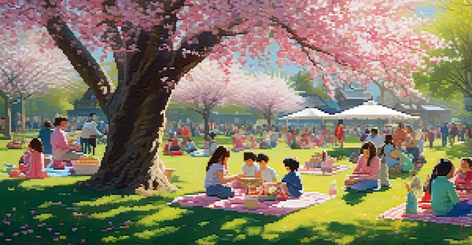 A lively spring festival with families picnicking under cherry blossoms, surrounded by colorful flowers and enjoying the sunny day.