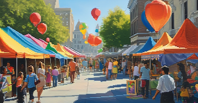 A bustling street festival with local artists and colorful tents, showcasing art and crafts, with diverse people enjoying the event.