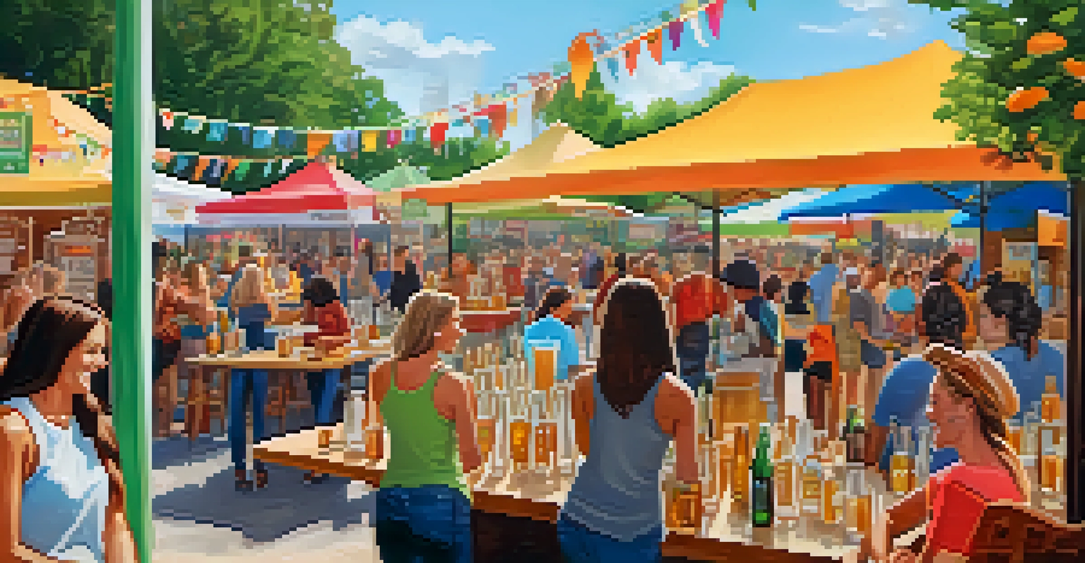A lively outdoor craft beer festival with diverse women enjoying craft beers and socializing at colorful booths.