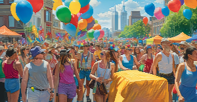 A lively parade during the Portland Pride Festival, filled with people in rainbow attire, balloons, and banners, under a clear blue sky.