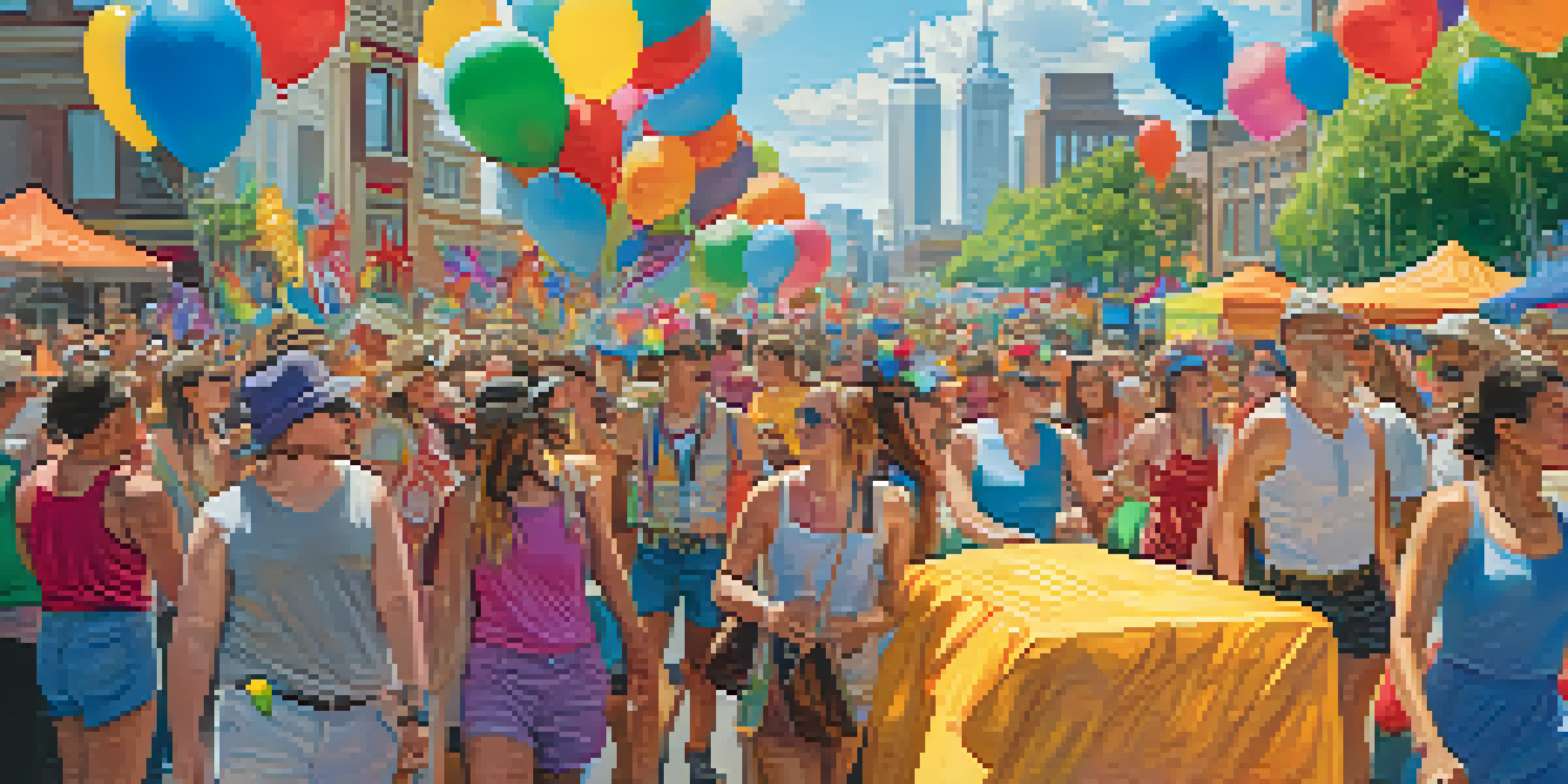 A lively parade during the Portland Pride Festival, filled with people in rainbow attire, balloons, and banners, under a clear blue sky.