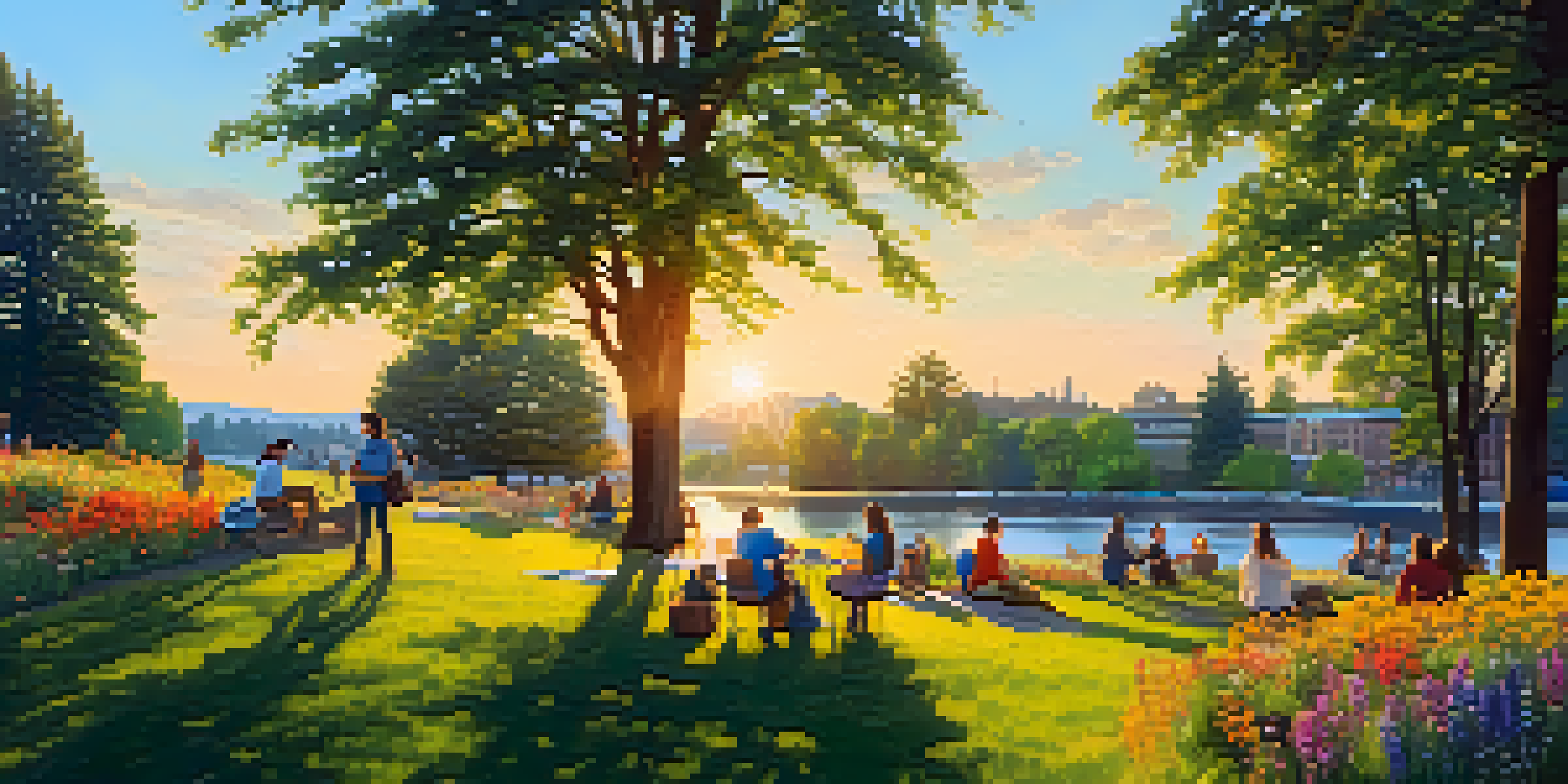 A bustling urban park in Portland filled with diverse native plants and wildflowers, people enjoying a picnic, and trees providing shade under a blue sky.