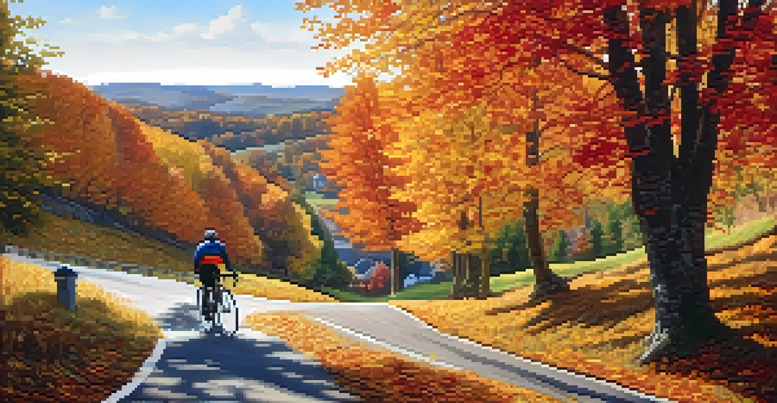 A cyclist admiring the autumn landscape with vibrant leaves and a quaint café in the background.