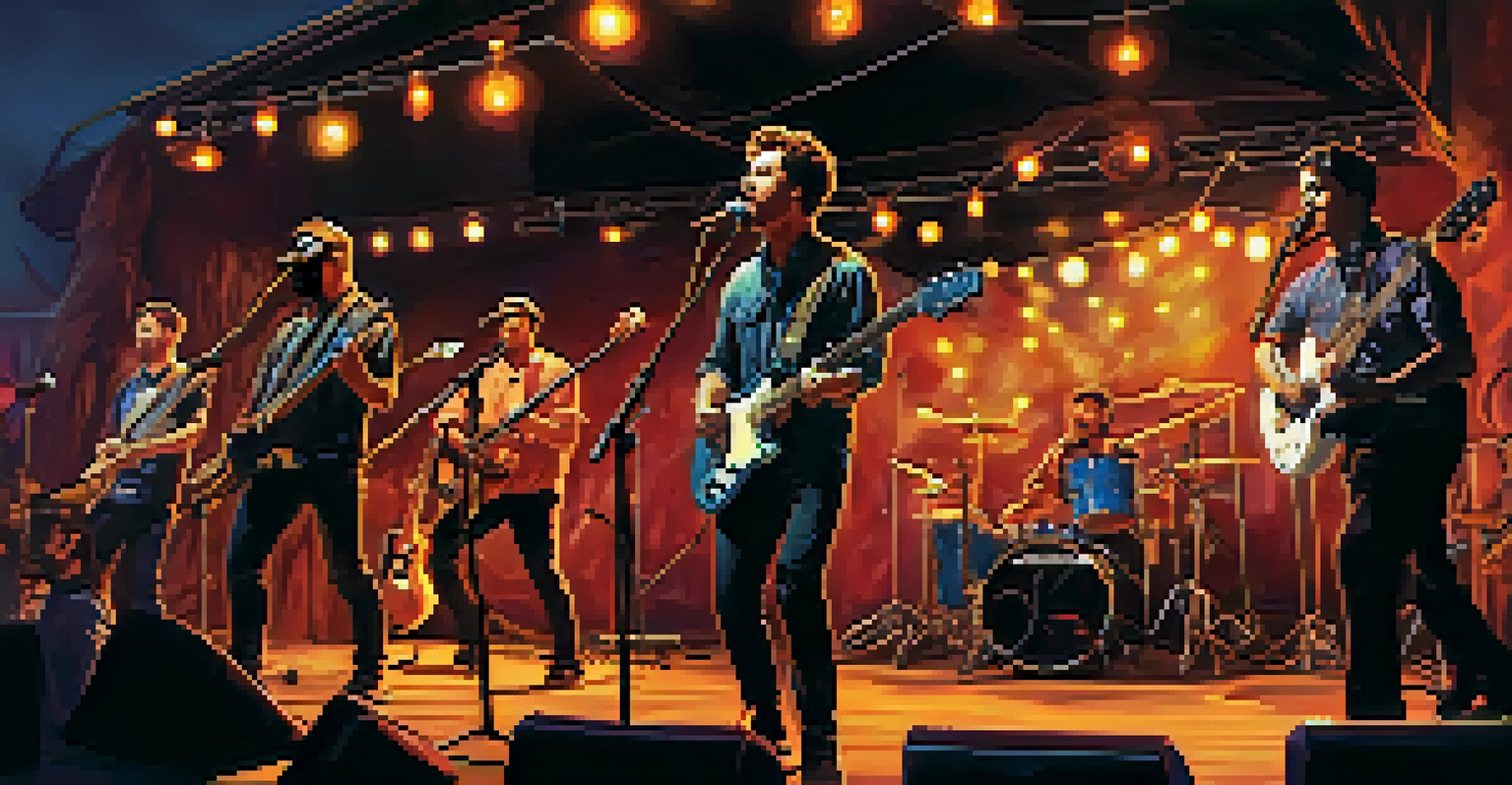 A close-up of a local band performing at a small music festival, capturing the energy of the musicians and the engaged audience in a warm-lit environment.