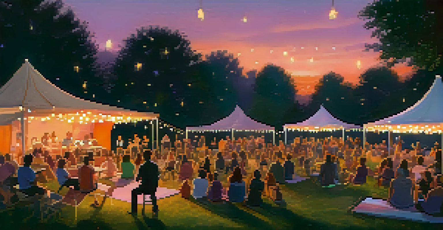 An outdoor concert in a park during dusk, with people gathered on blankets enjoying music under fairy lights and a colorful sunset sky.