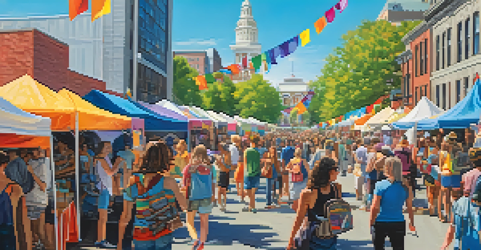 A vibrant art festival with colorful booths displaying LGBTQ+ artworks, surrounded by visitors and bright banners under a clear blue sky.