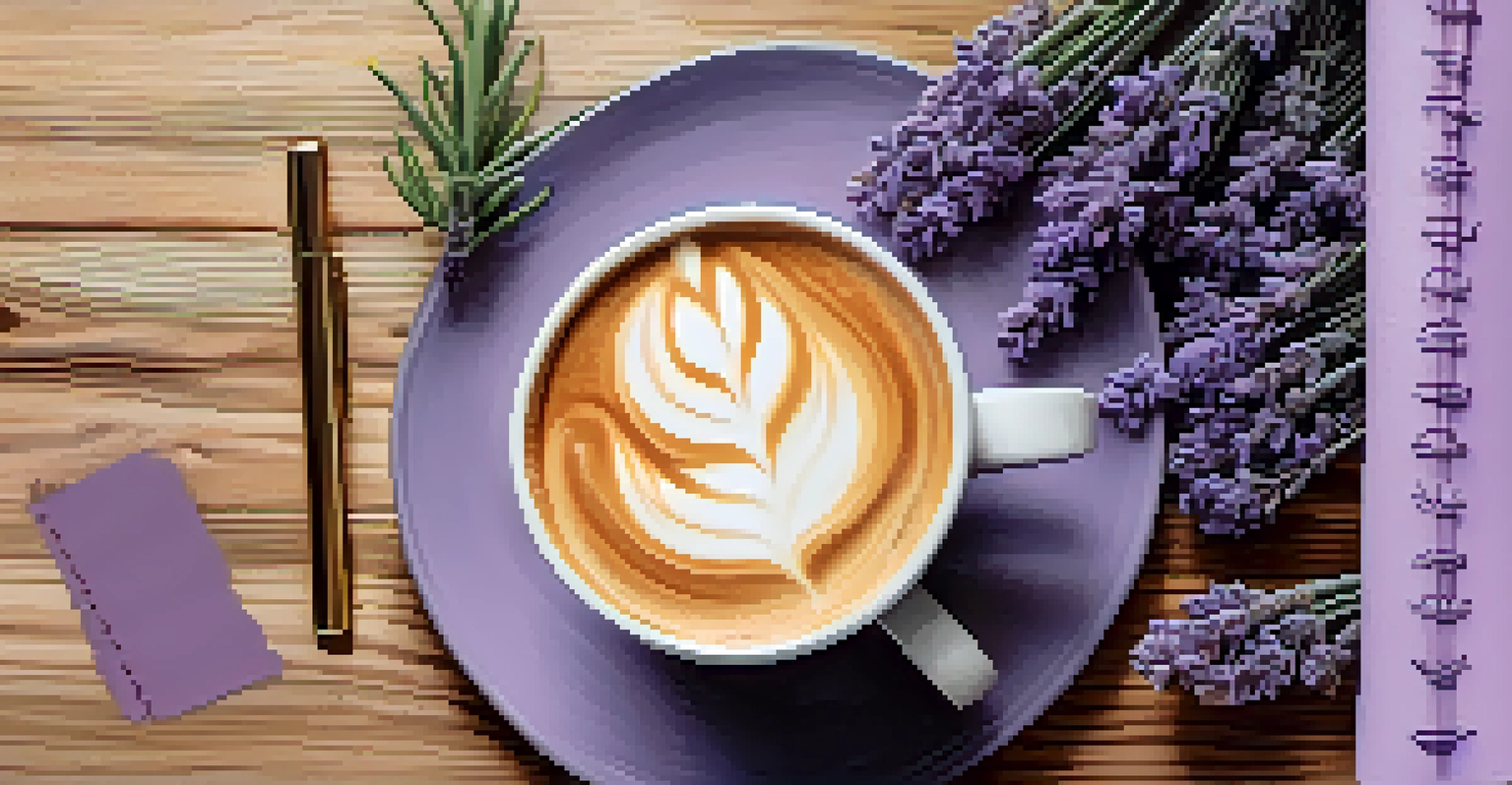A flat lay of a lavender latte with fresh lavender and a sketchbook, showcasing a warm color palette and artistic elements.