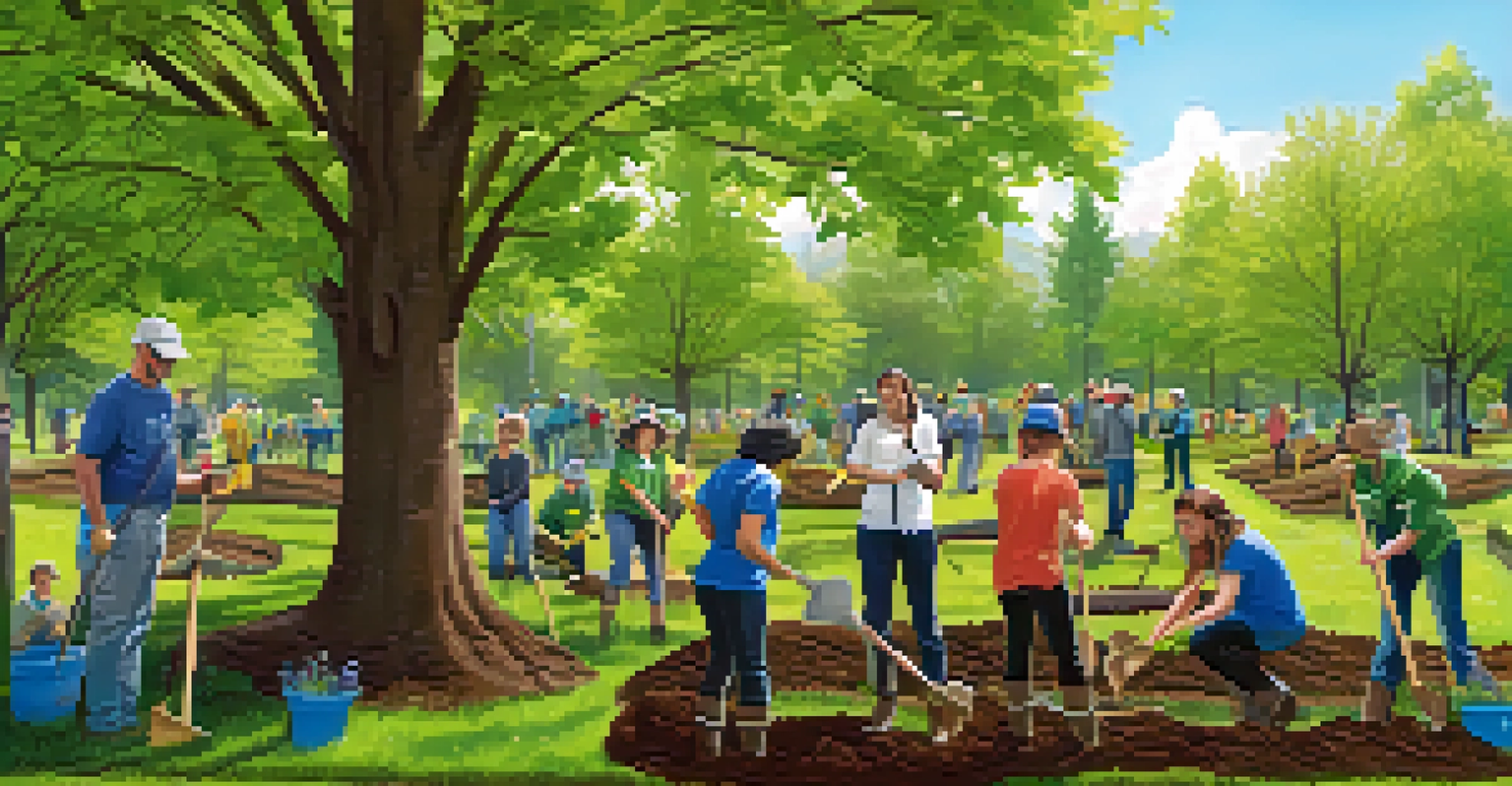 Volunteers participating in a community tree-planting event in a Portland park, surrounded by green grass and blooming flowers.