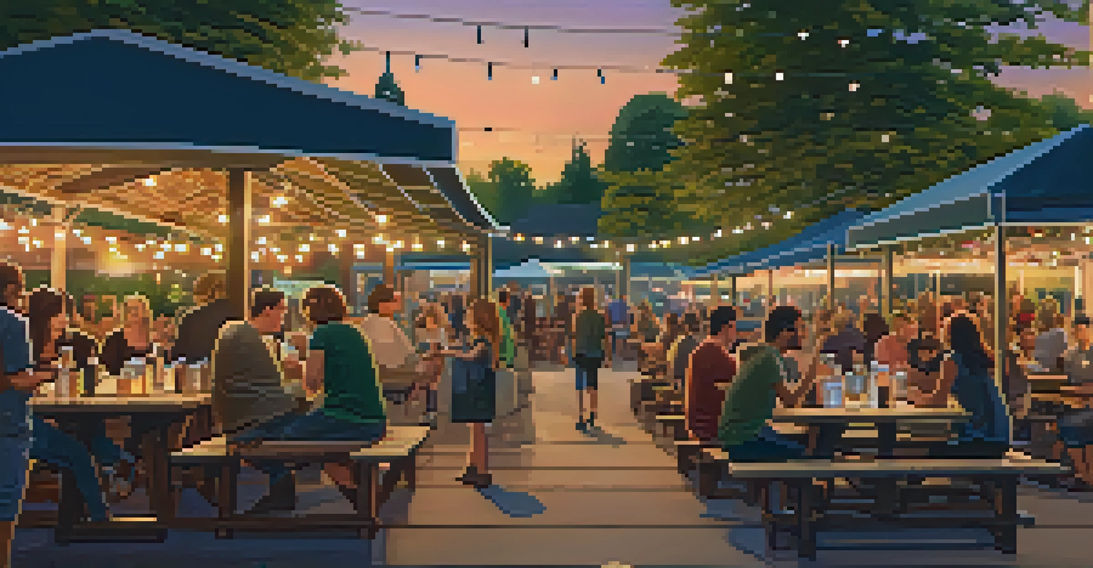 A lively outdoor beer garden in Portland at sunset, with guests enjoying drinks and food trucks in the background.