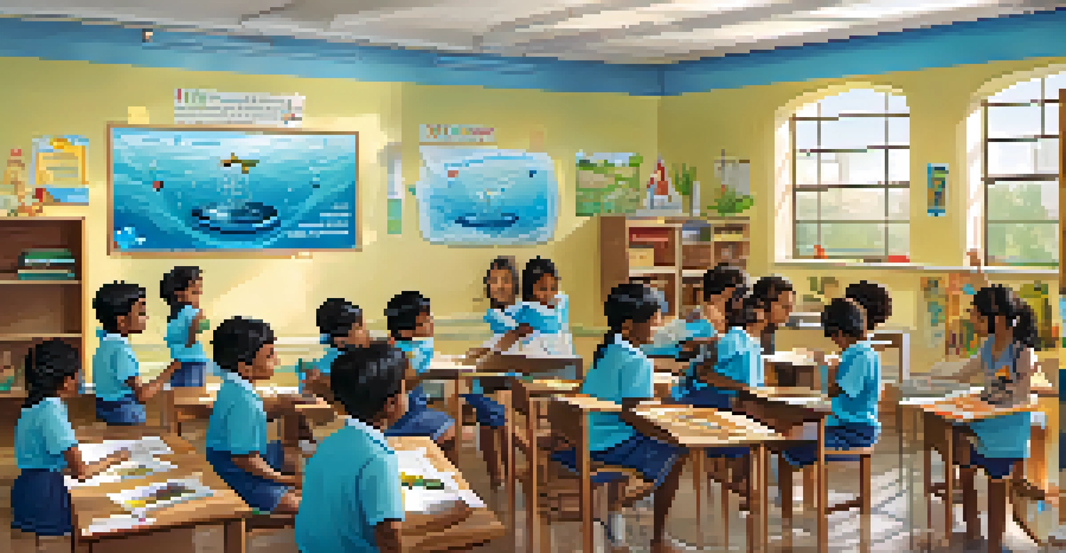 A classroom filled with children learning about water conservation through interactive activities and educational posters.